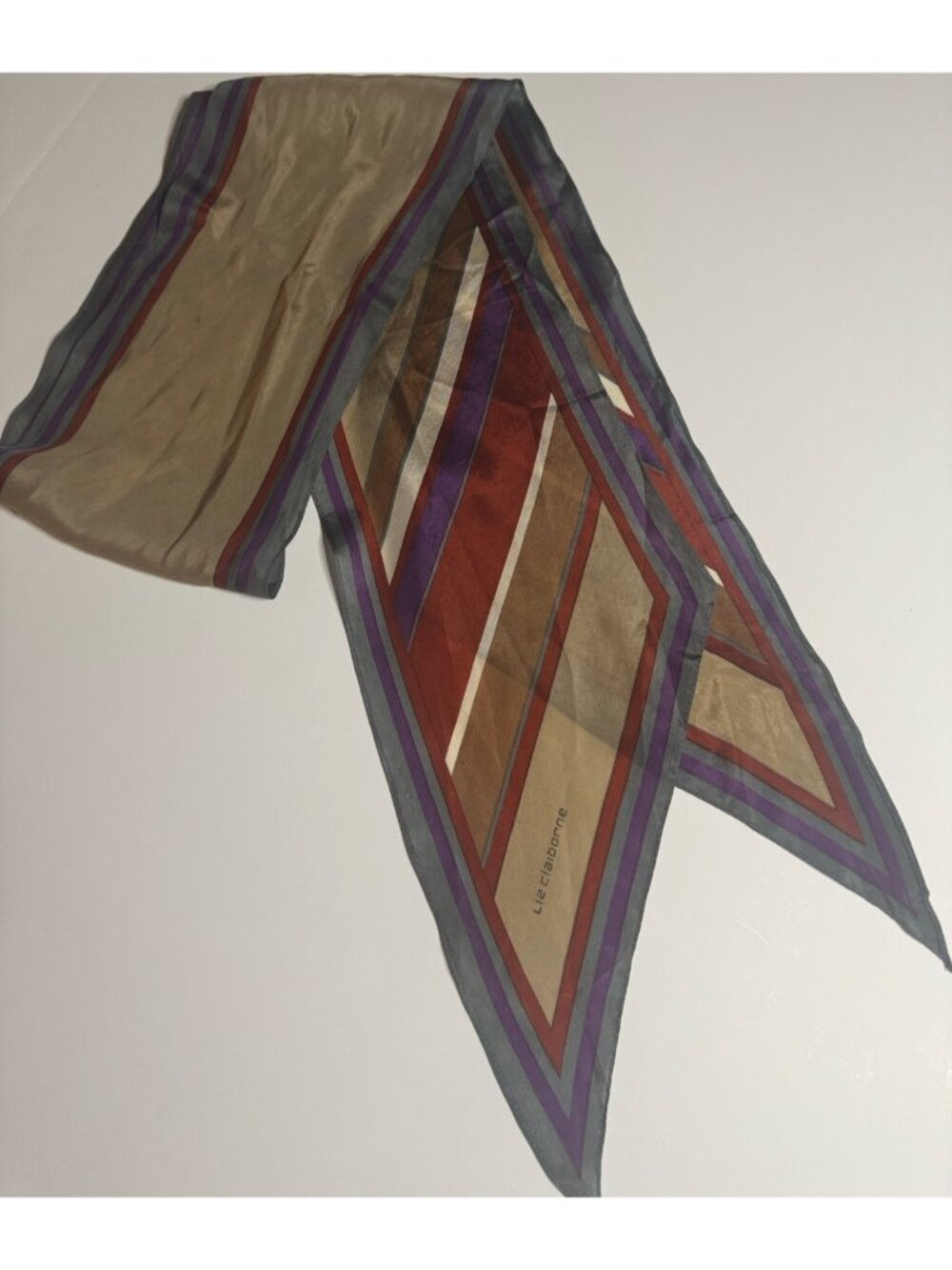 Vintage Liz Claiborne 100% Silk Scarf Long Diagonal Multicolor Stripe Wingtip